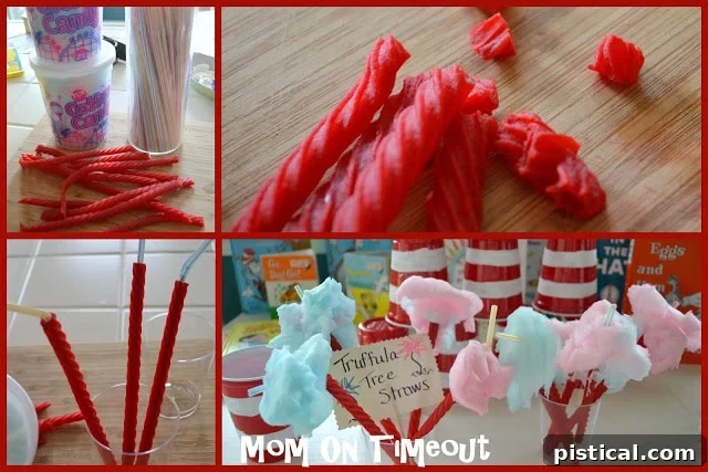Truffula Tree Straws made with cotton candy and Red Vines