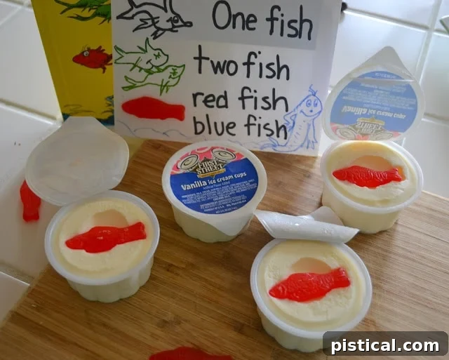 Vanilla ice cream cup with Swedish Fish, representing One Fish Two Fish Red Fish Blue Fish