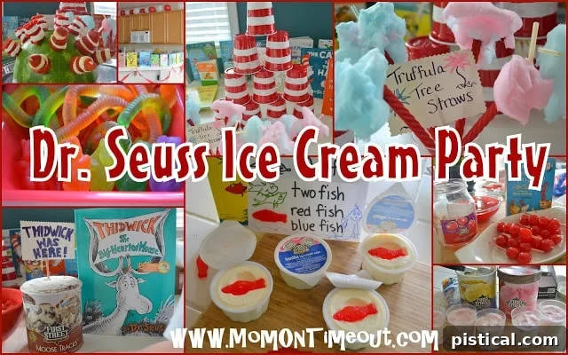 Close-up of Dr. Seuss themed ice cream party decorations
