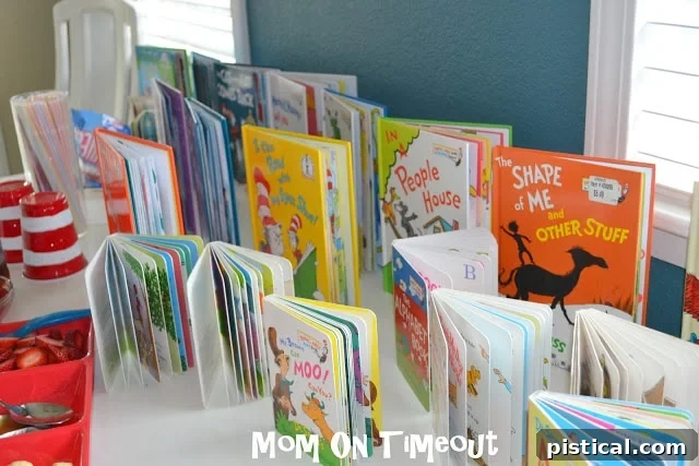Various Dr. Seuss themed party foods and decorations