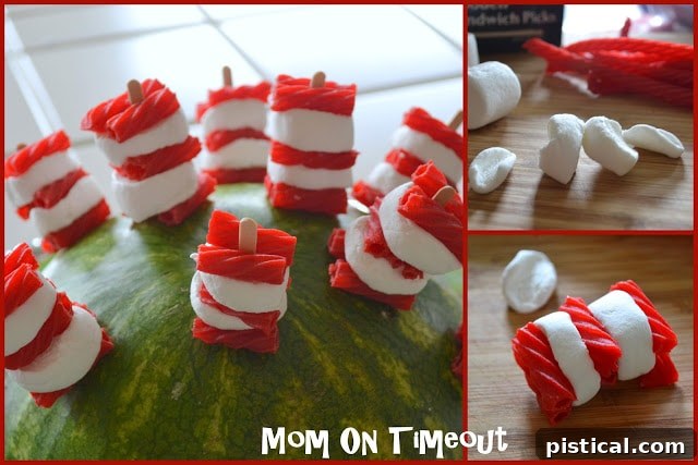 Red Vines and marshmallow Cat in the Hat fruit hats