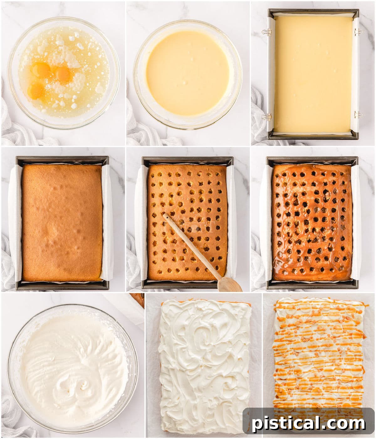 Dreamy Banoffee Poke Cake 4 A nine-image collage demonstrating the step-by-step process of making Banoffee Poke Cake.