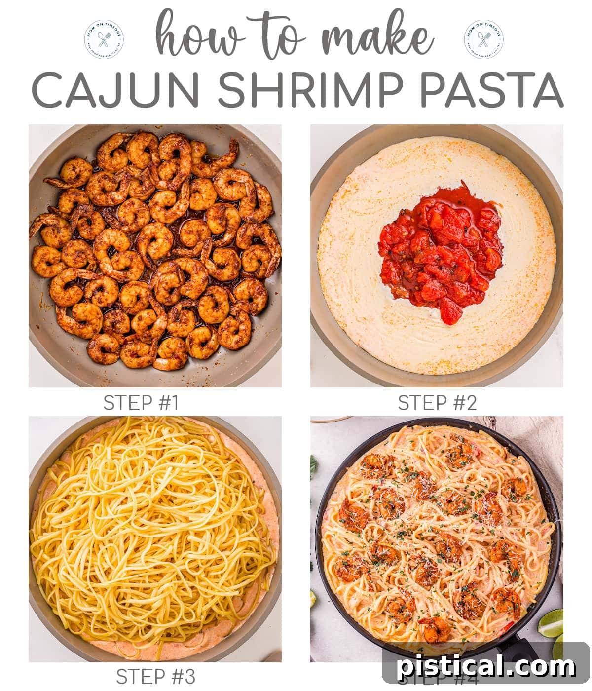 Four image collage showing how to make cajun shrimp pasta step by step, from seasoning shrimp to combining with sauce.