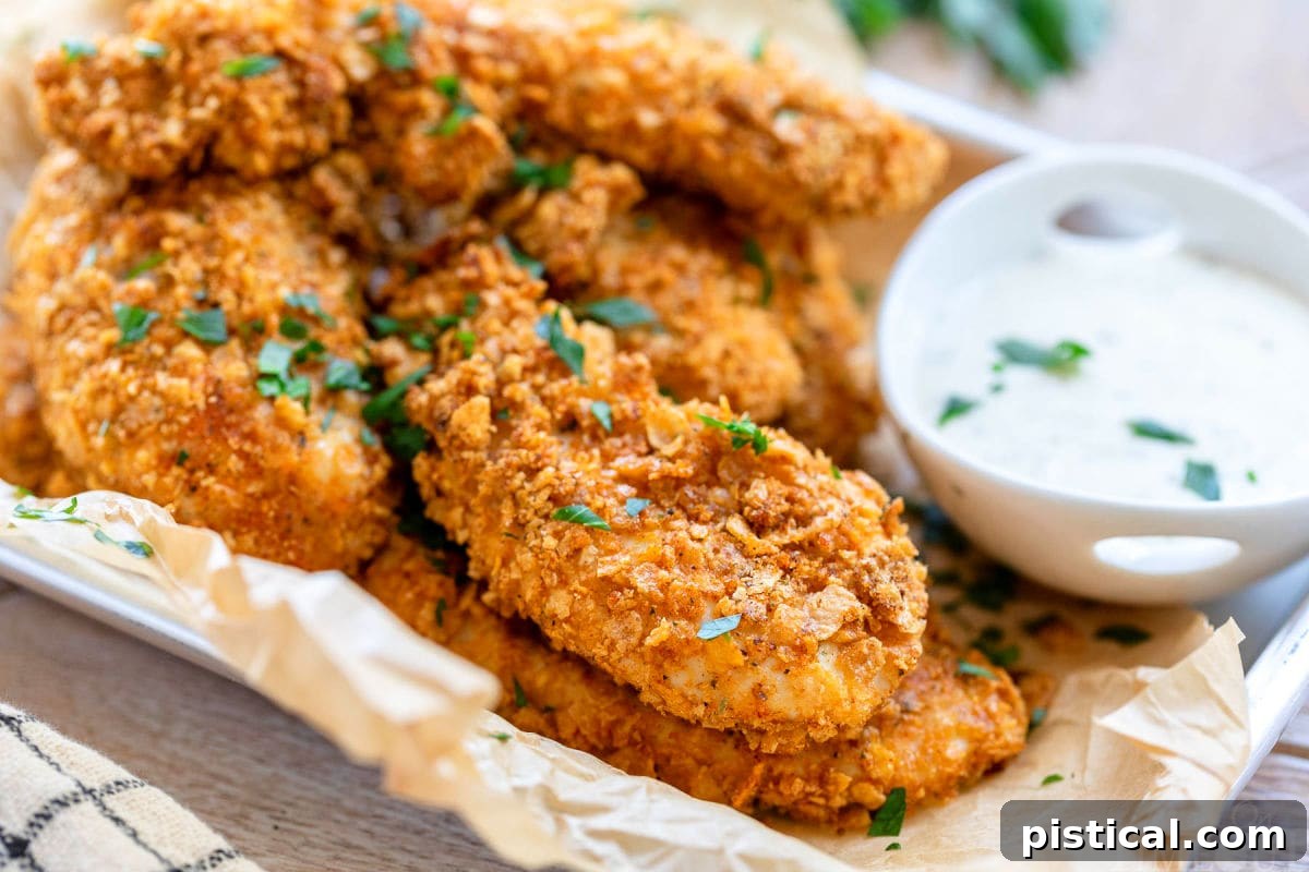 small baking sheet lined with brown parchment and piled high with cornflake chicken strips. a small bowl of ranch sits next to the chicken.