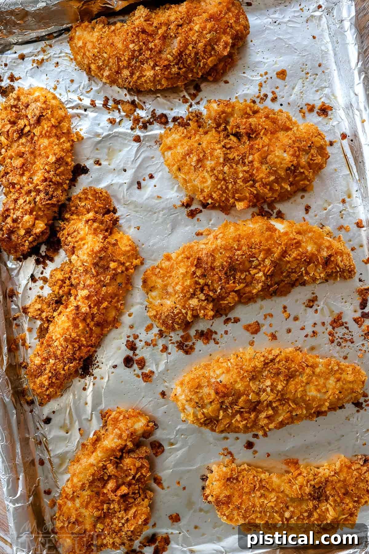 top down shot of cooked chicken strips on baking sheet.