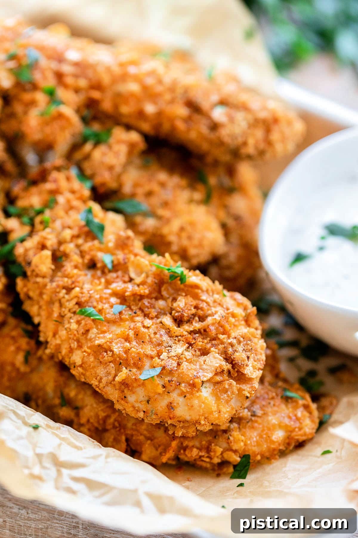small baking sheet lined with brown parchment and piled high with cornflake chicken strips. a small bowl of ranch sits next to the chicken.