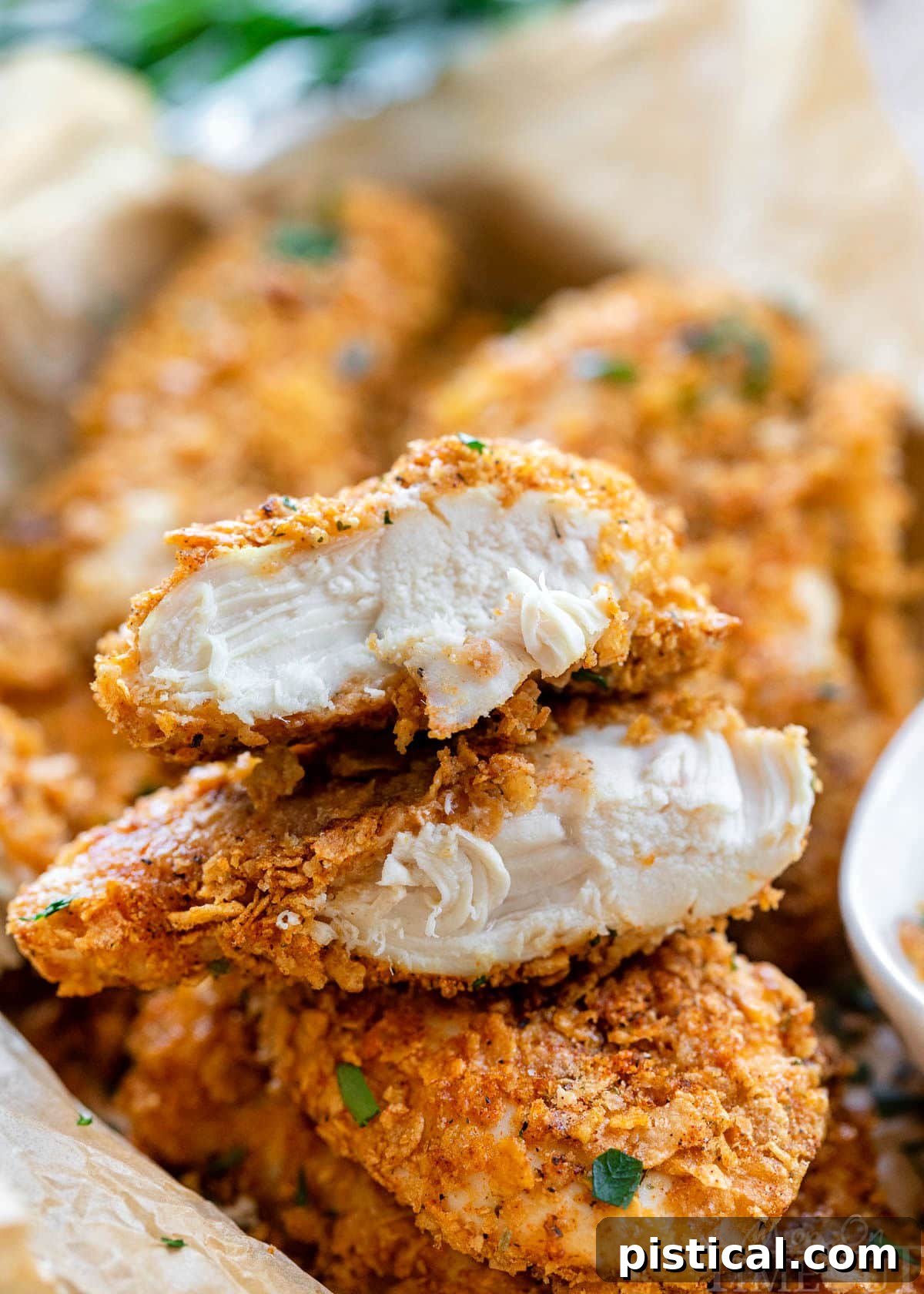 cornflake chicken in a pile with ranch dipping sauce. Top chicken tender is cut in half and stacked on each other showing the moist chicken and flavorful cornflake coating.