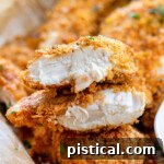 cornflake chicken in a pile with ranch dipping sauce. Top chicken tender is cut in half and stacked on each other showing the moist chicken and flavorful cornflake coating.