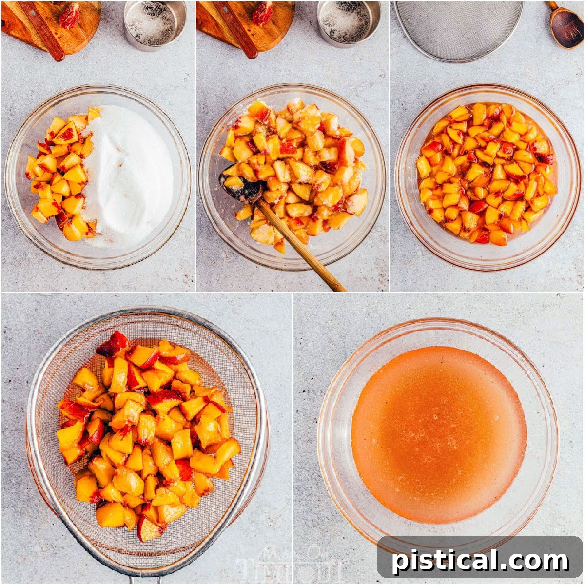 Sun-Kissed Peach Sip 5 A five-image collage demonstrating the step-by-step process of making peach syrup for peach iced tea.