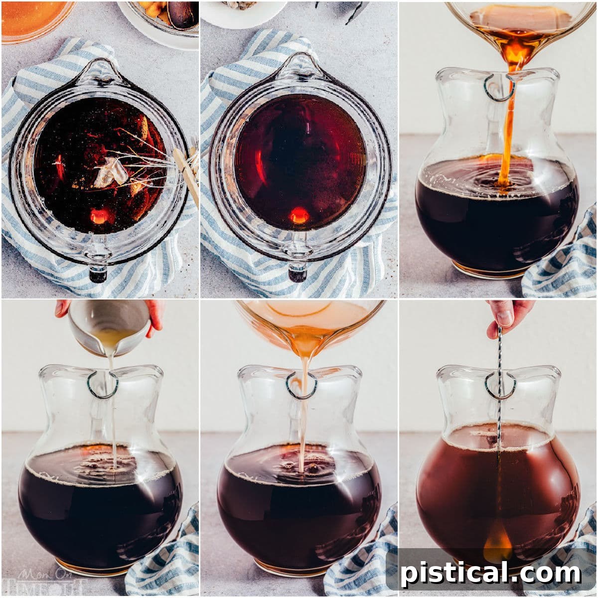 Sun-Kissed Peach Sip 6 A six-image collage illustrating the step-by-step process of making peach iced tea from brewing to serving.