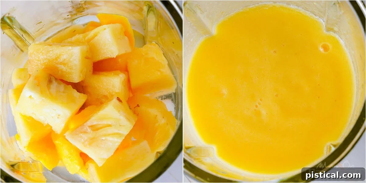 A two-image collage illustrating the simple steps to make a pineapple mango mocktail: blending ingredients and serving with garnish.