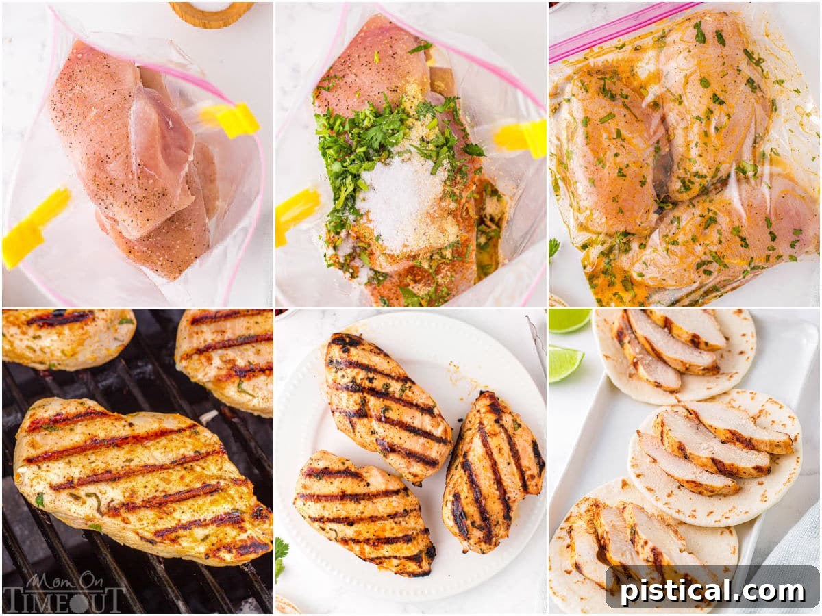 six image collage showing how to make cilantro lime chicken tacos including marinating the chicken. 