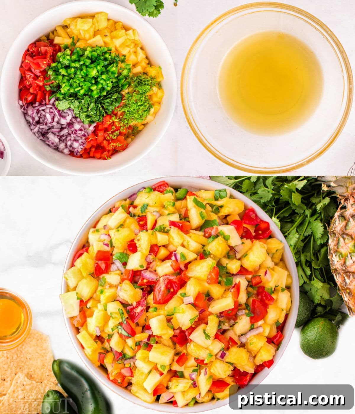 three image collage showing how to make pineapple mango salsa.