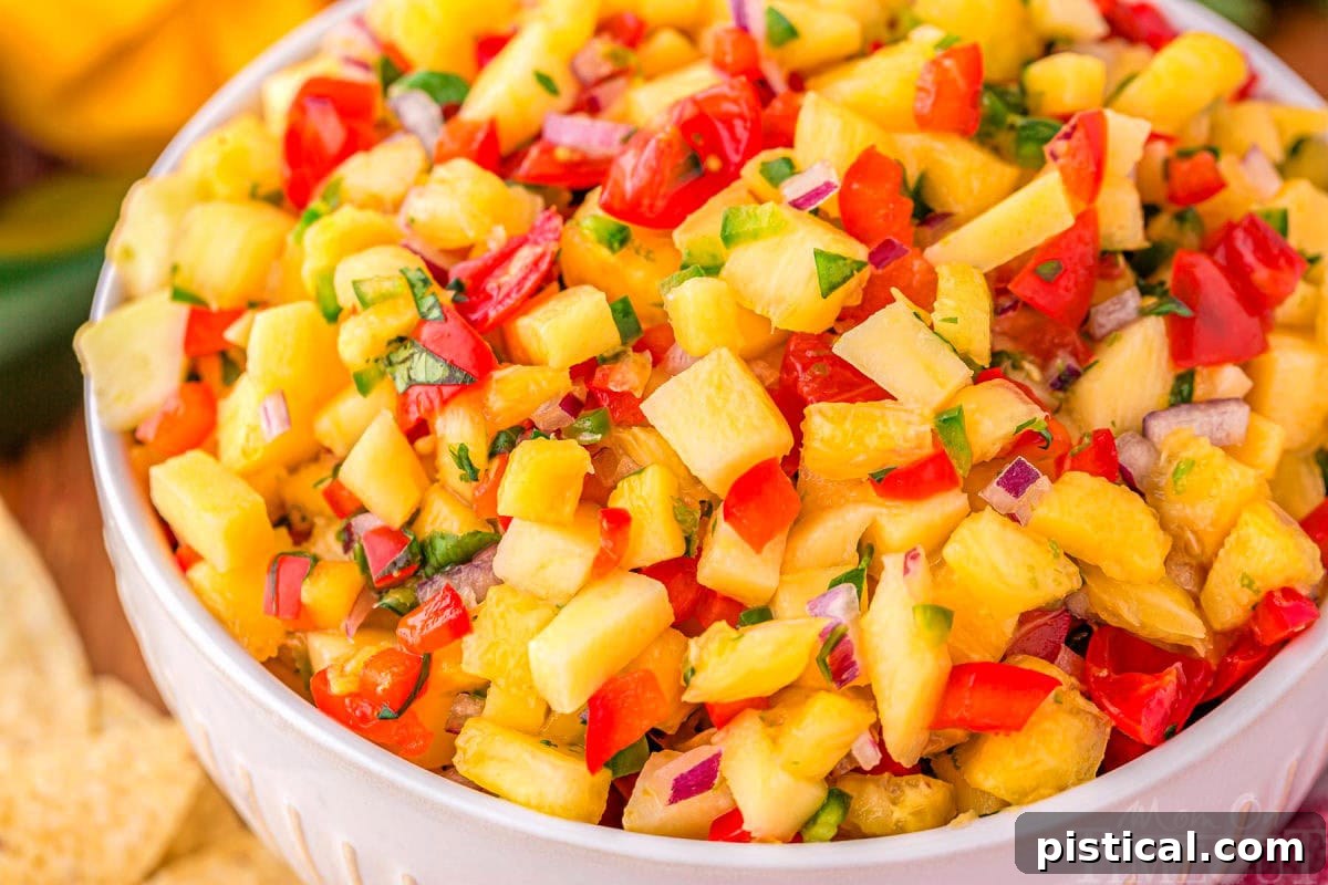 close up of tropical pineapple salsa in a white serving bowl.