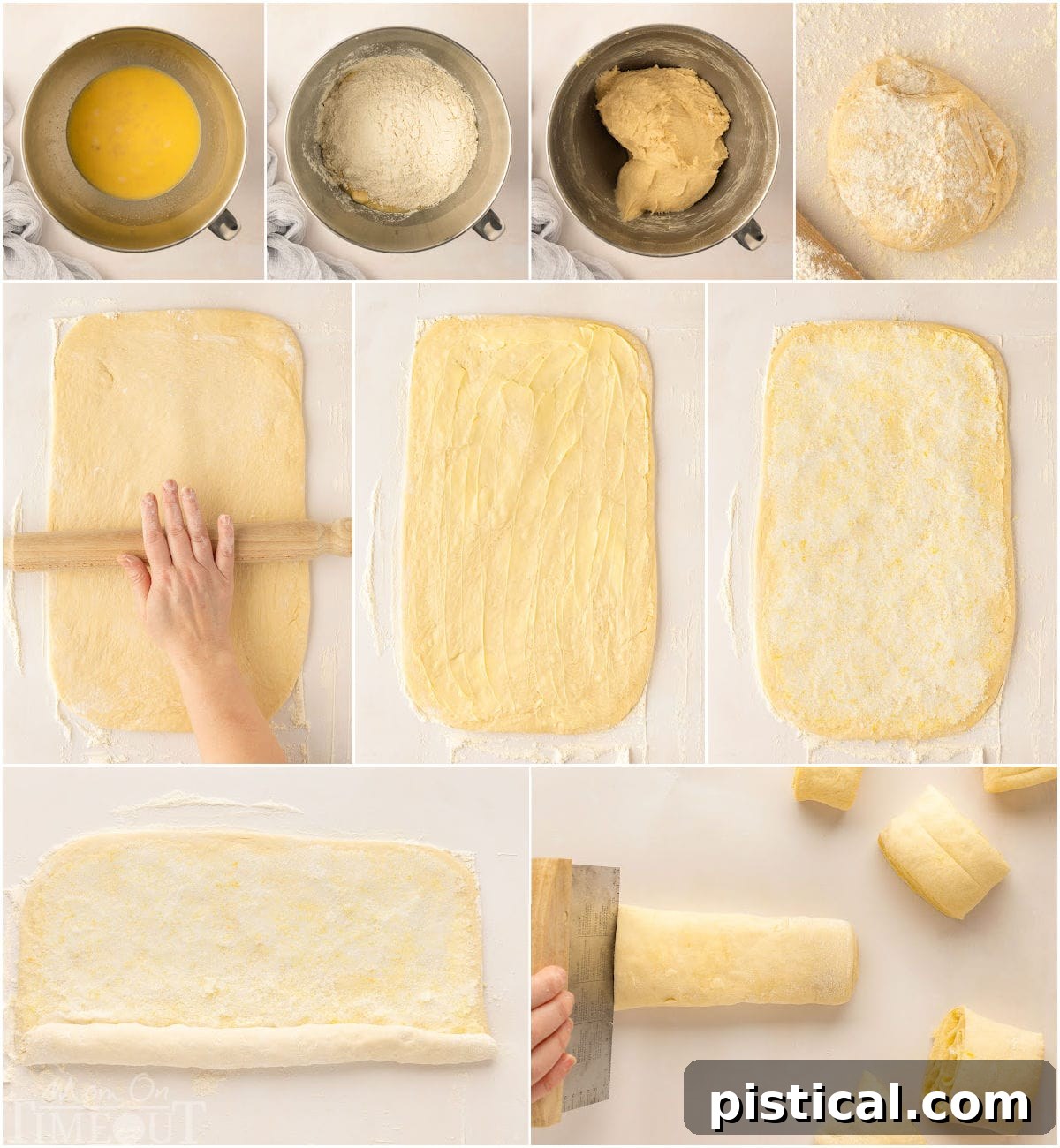 Zesty Lemon Swirls 5 A collage of process photos demonstrating key steps in making lemon rolls, including mixing, rolling, and cutting.
