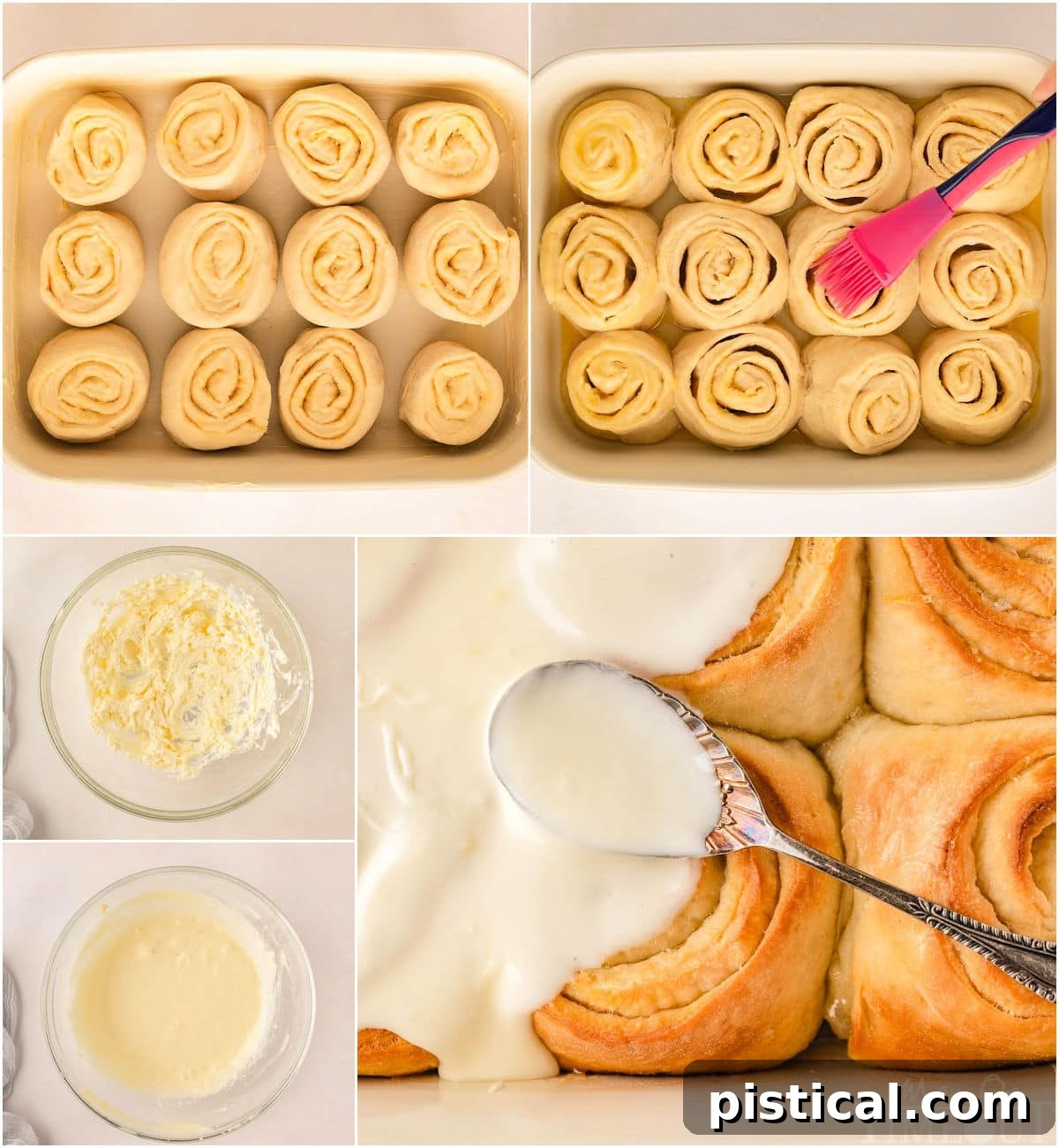 Zesty Lemon Swirls 6 Another collage of process photos, showing the rolls being placed in the baking dish and their appearance after rising.