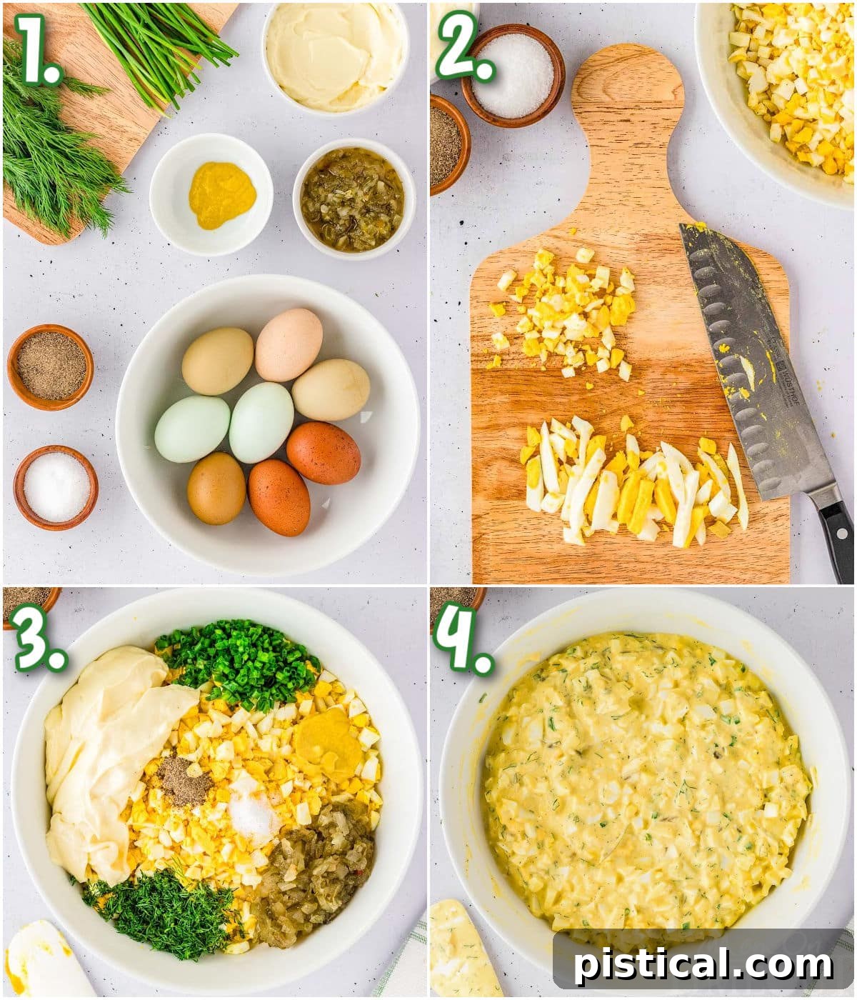 A collage of process shots for making egg salad.
