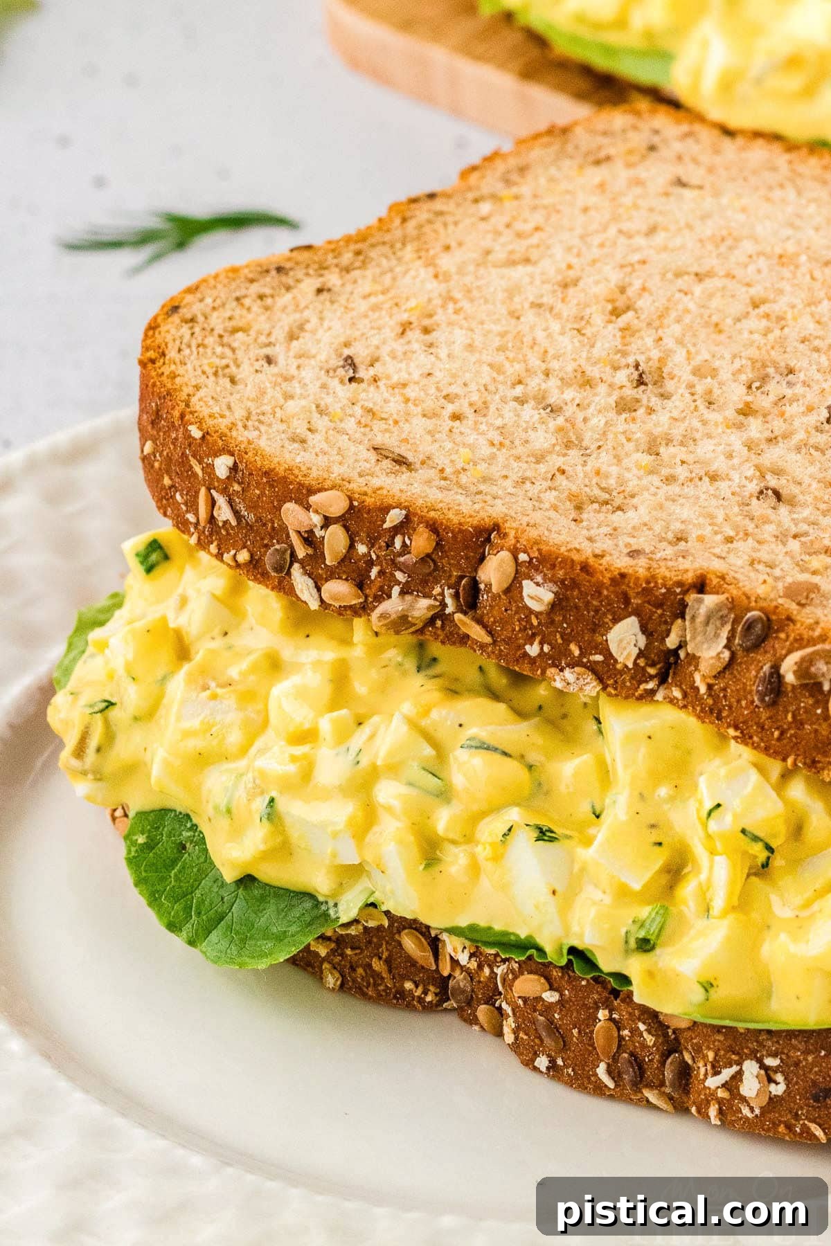 A close up view of an egg salad sandwich.