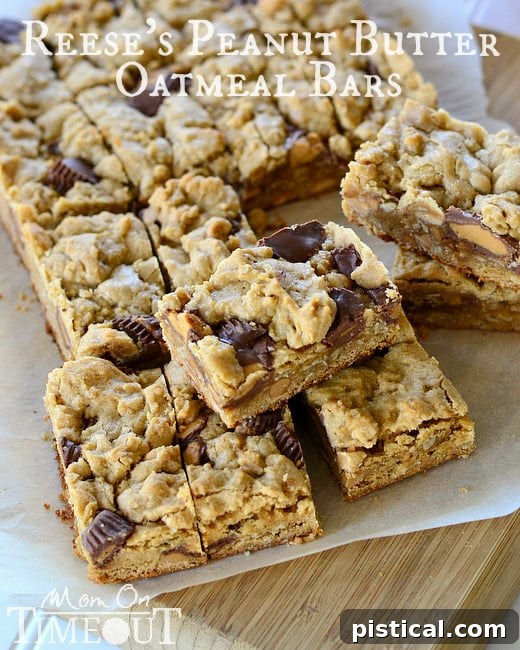 Reese's Peanut Butter Oatmeal Cookie Bars | MomOnTimeout.com