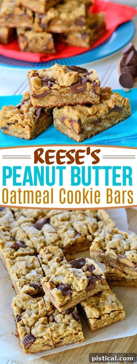 Reese's Peanut Butter Oatmeal Cookie Bars are perfect for the peanut butter lover in your life! These easy oatmeal cookie bars are loaded with peanut butter and Reese's candy for the ultimate treat. This delicious recipe is perfect for an after school snack and makes enough for a party too. I wouldn't dream of serving them without ice cold milk - it's a must! // Mom On Timeout #oatmeal #cookies #cookies #bars #reeses #peanut butter #dessert #recipe #sweets