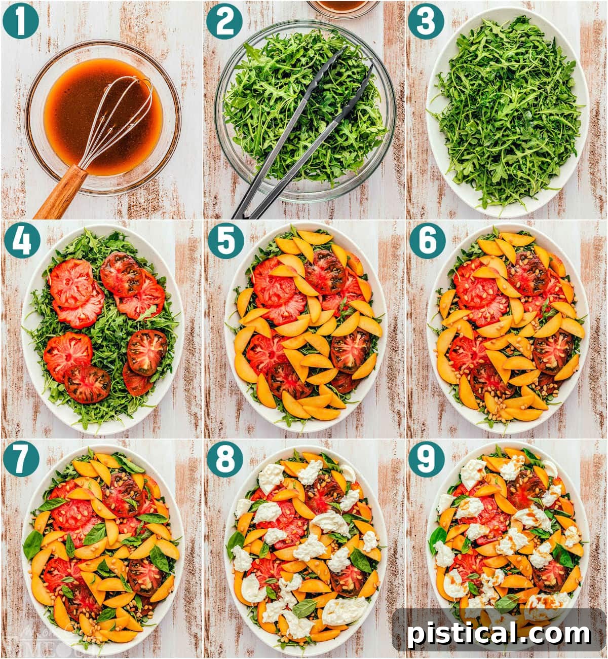A nine-image collage demonstrating the step-by-step process of making Peach Burrata Salad, from preparing the dressing to layering ingredients and adding burrata, with balsamic vinaigrette.
