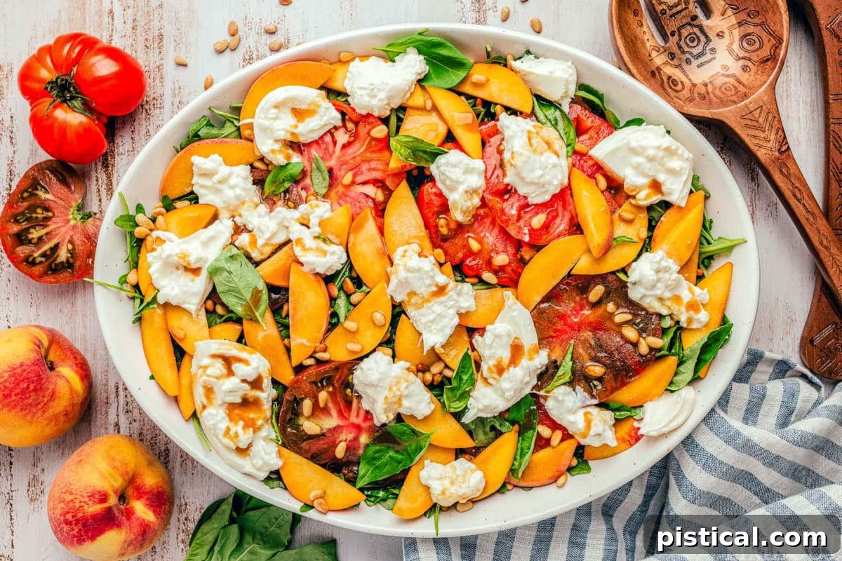 A wide, top-down shot of the finished Peach Burrata Salad on an oval white plate, showcasing the artful arrangement of peaches, tomatoes, burrata, and greens.