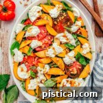 fresh peach salad made with burrata and heirloom tomatoes all topped with a balsamic vinaigrette. Salad is served on a white oval platter and is topped with pine nuts.