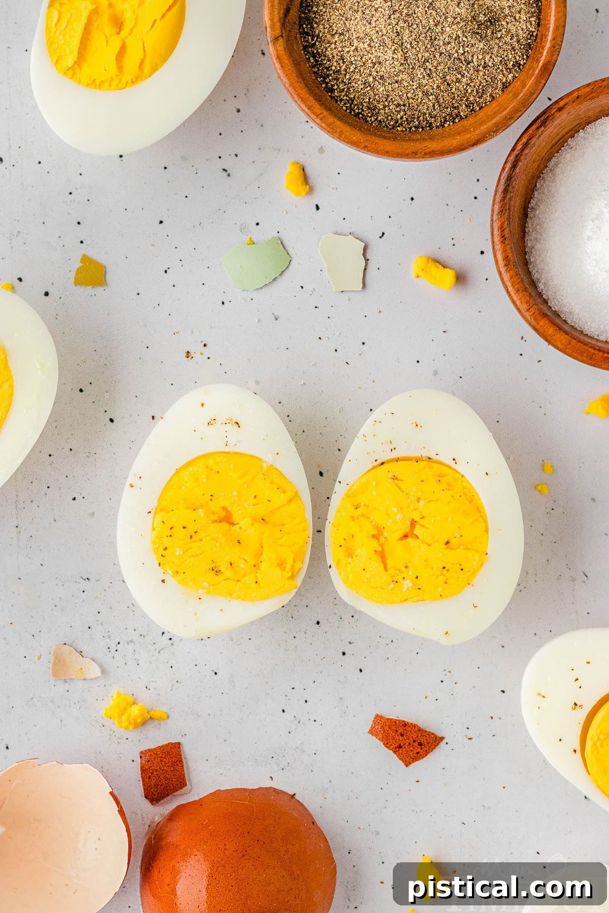 A perfectly halved hard-boiled egg, revealing a firm, vibrant yellow yolk and smooth white, demonstrating ideal doneness.