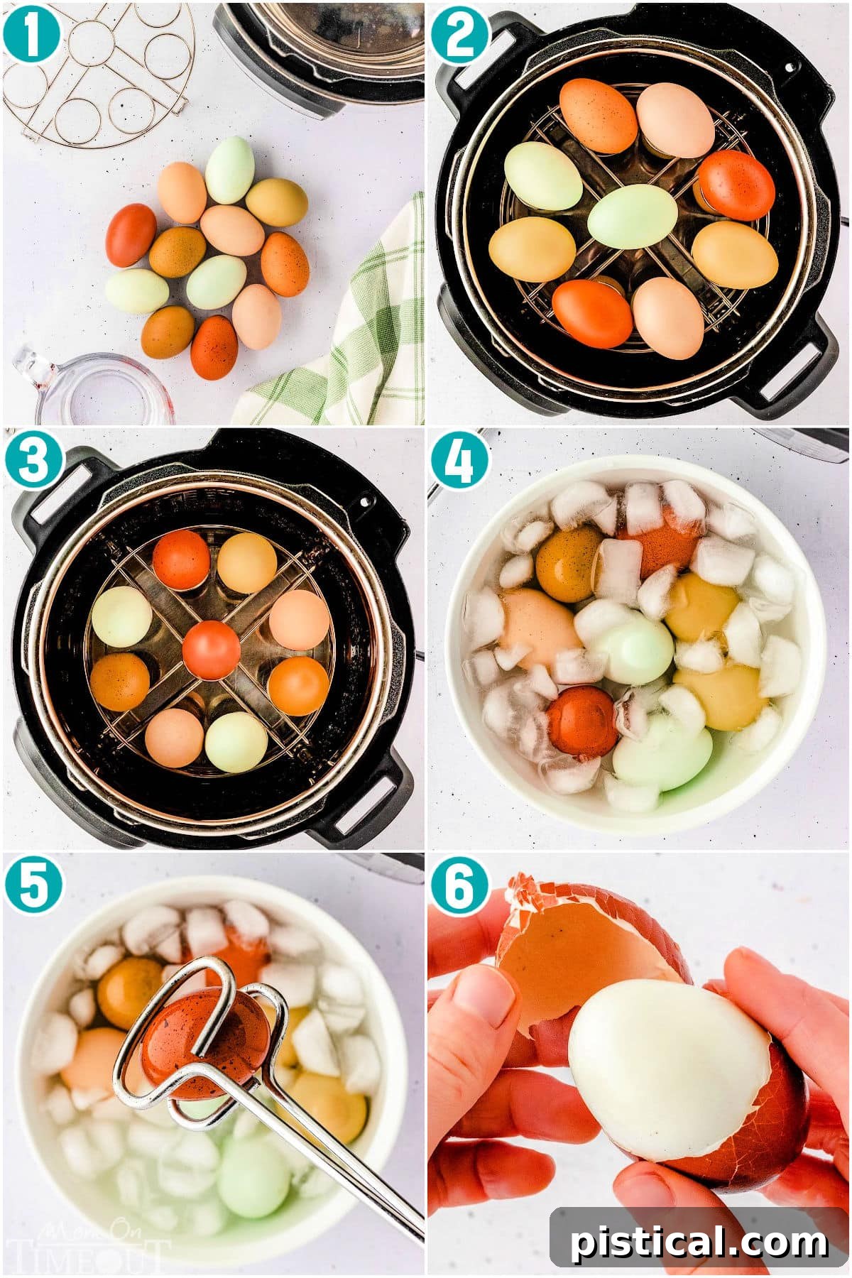 A sequential collage showing the steps for making Instant Pot hard-boiled eggs, from placing eggs in the pot to the final peeled result.