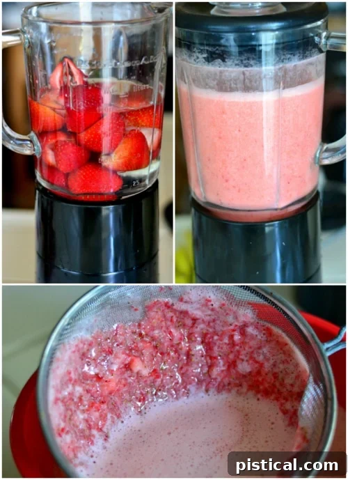 Strawberries and lime being blended with water to create a fresh Agua Fresca, showing the simple preparation process.