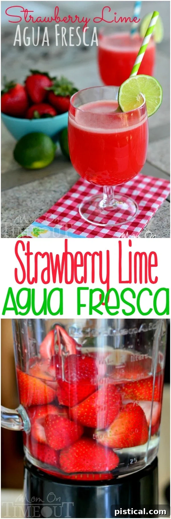 Large pitcher of Strawberry Lime Agua Fresca with glasses, ready to serve.