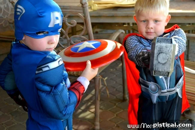 Two boys dressed as Captain America and Thor for Halloween