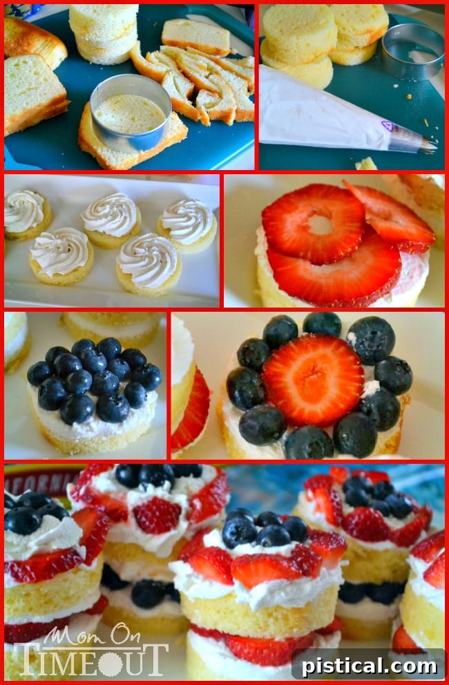 Patriotic red, white, and blue pound cakes with berries and whipped cream
