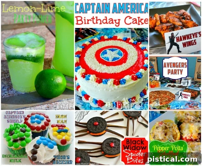 Collage of various superhero themed food ideas including punch, cake, cupcakes, wings, and stuffed peppers