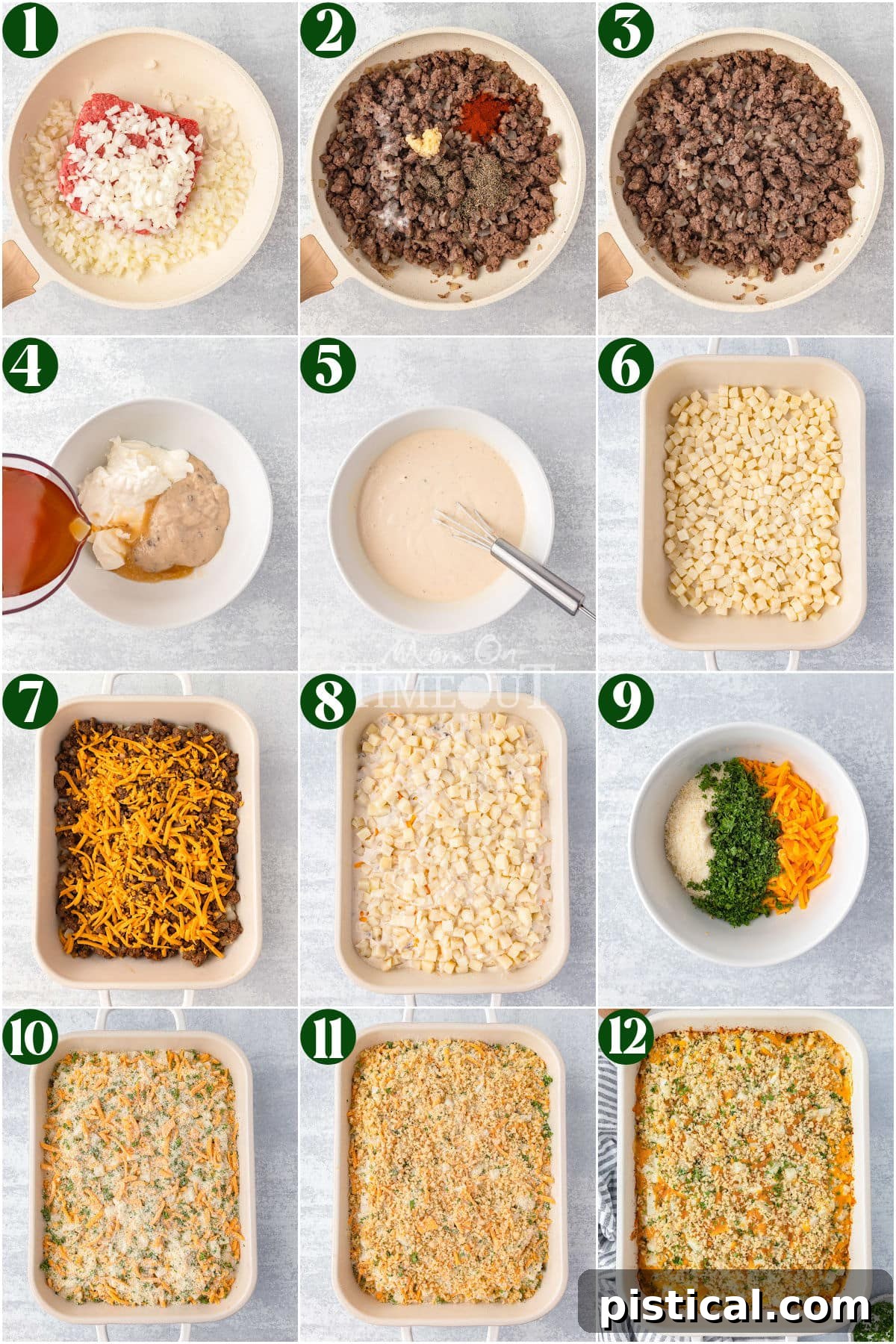 Twelve step collage showing the process of making ground beef casserole, from browning beef to final baked dish.