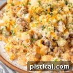 Top down look at ground beef and potato casserole plated on a round inner plate and topped with chopped parsley.