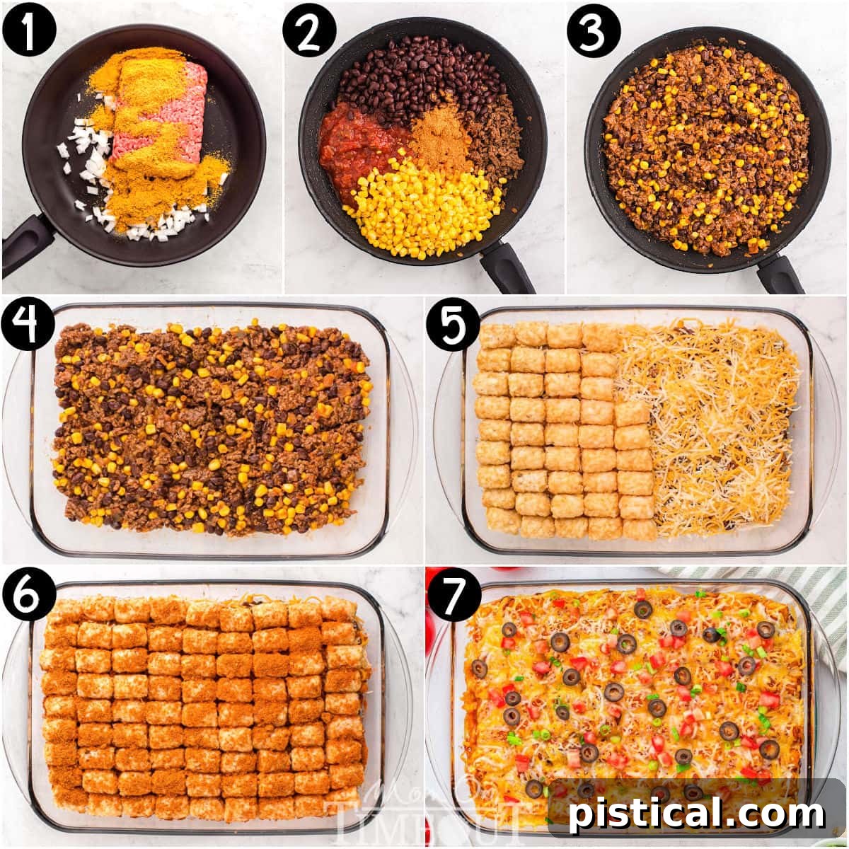 A visual step-by-step guide showing the process of making Mexican Tater Tot Casserole, from browning the beef to layering ingredients in a baking dish.