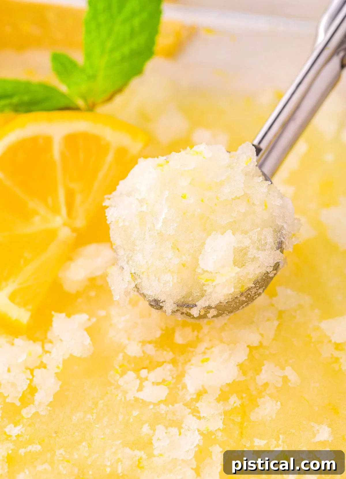 A scoop effortlessly gliding through homemade lemon sorbet in a glass dish, ready to be served.