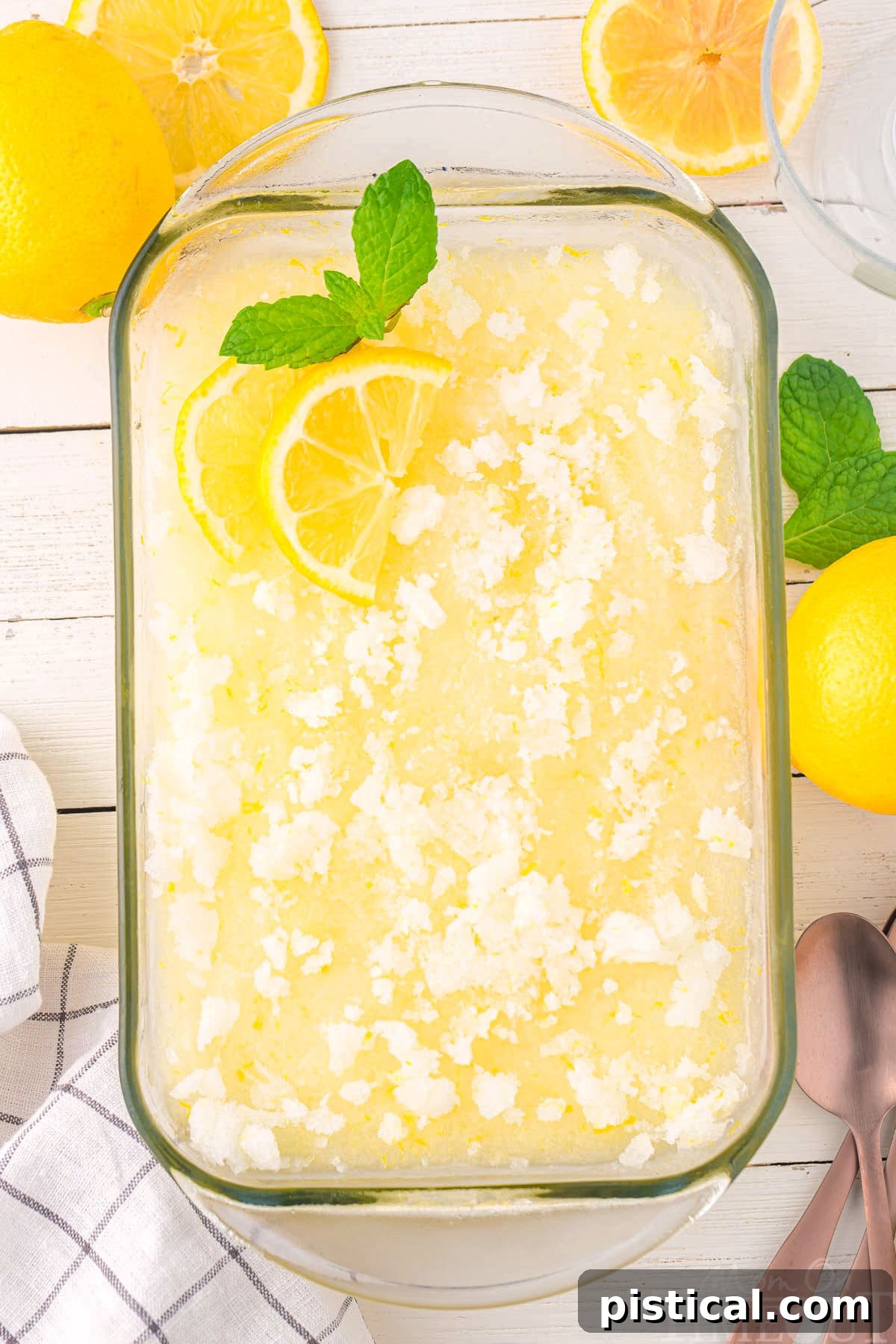 Top-down view of lemon sorbet in a glass pan, elegantly garnished with fresh lemon slices and a mint leaf.