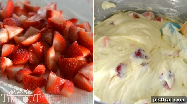 Close-up of baked Strawberry & Cream Cheese Muffins, golden brown with visible strawberry chunks and a hint of a sugary crust. #bakedgoods #strawberrymuffins #creamcheese