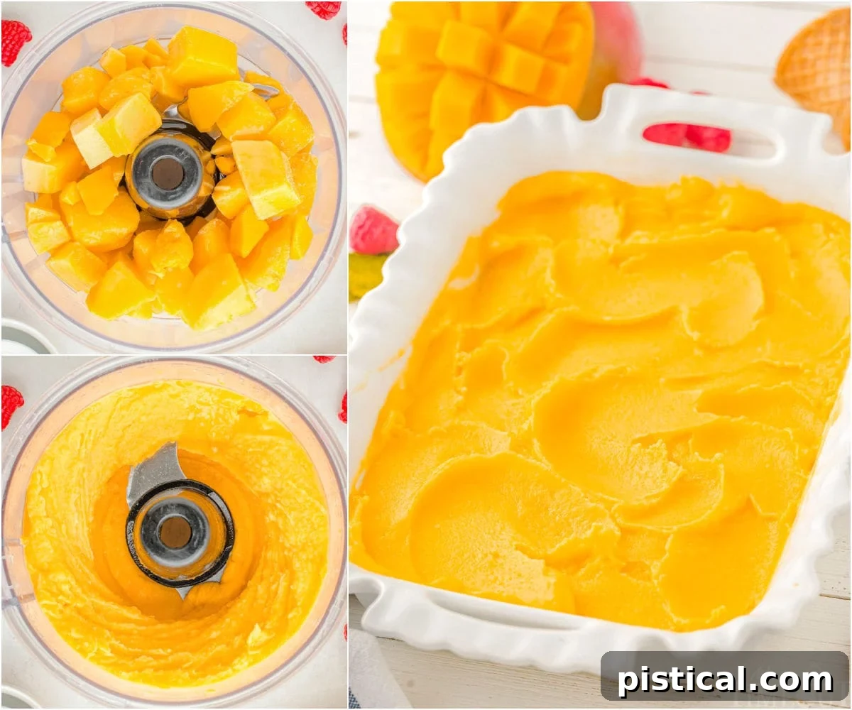 A visual collage showing the step-by-step process of making homemade mango sorbet, from blending to freezing.
