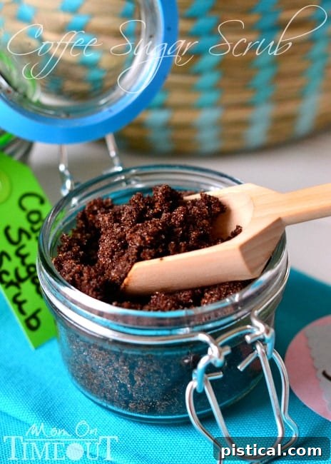Close-up of DIY Coffee Sugar Scrub in a jar, highlighting its rich texture and natural ingredients. Perfect for homemade skincare and exfoliation.