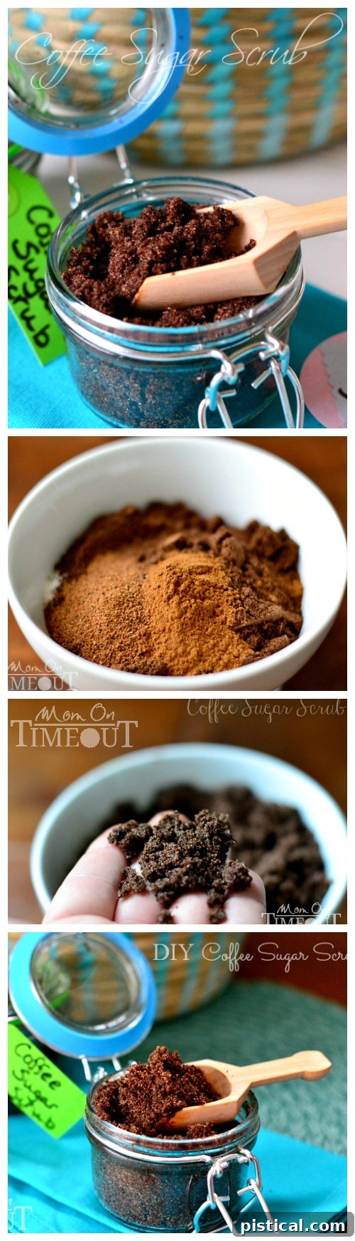 Decorative image featuring the text 'DIY Coffee Sugar Scrub' with a collage of scrub ingredients and textures, emphasizing homemade gifts.