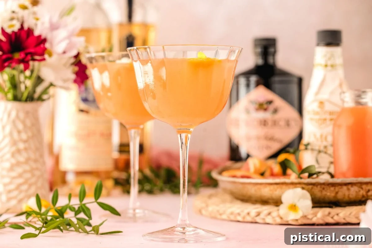 Wide shot of two glasses with french blonde cocktails in them and the bottles in the background.