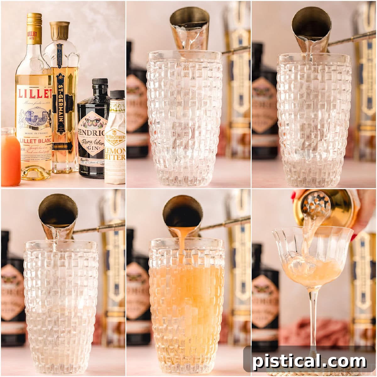 Collage image that shows process shots for making french blonde cocktail.