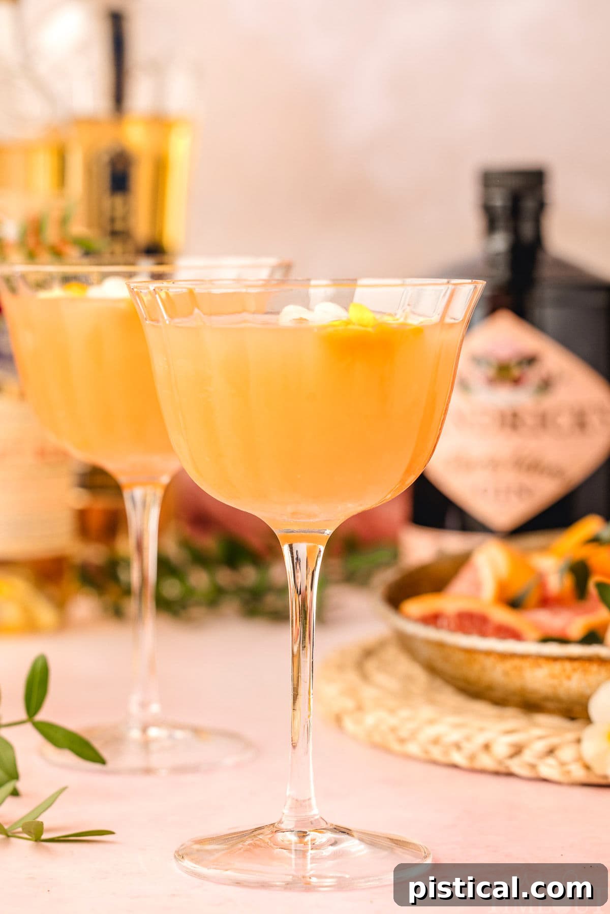Two french blonde cocktails in coupe glasses ready to be enjoyed. Ingredients for the cocktail can be seen in the background.