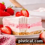 A slice of strawberry lasagna on a white plate topped with fresh strawberries. The baking dish and a bowl of strawberries can be seen in the background.