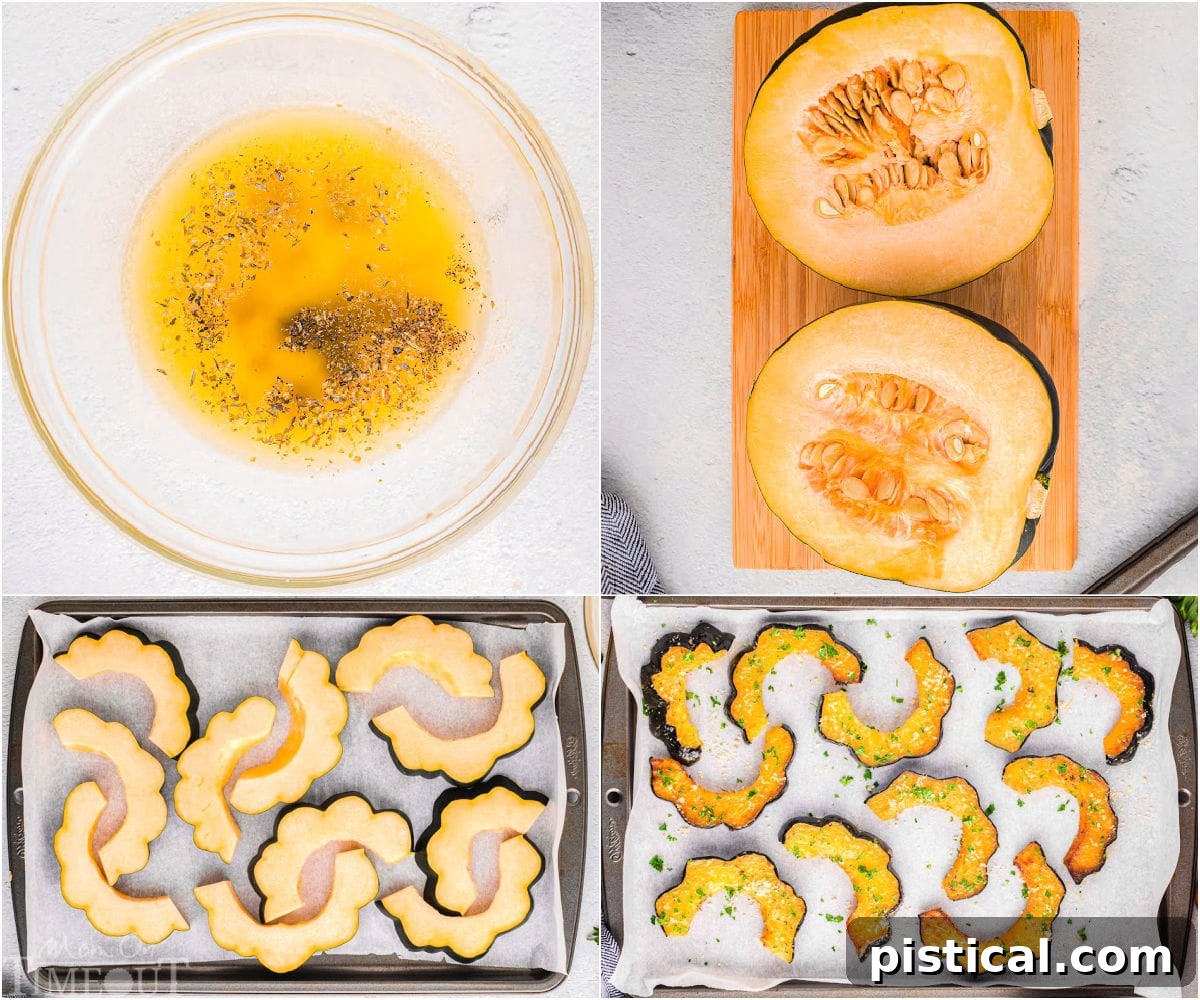 Collage of process shots for making roasted acorn squash, from cutting to seasoning and baking.