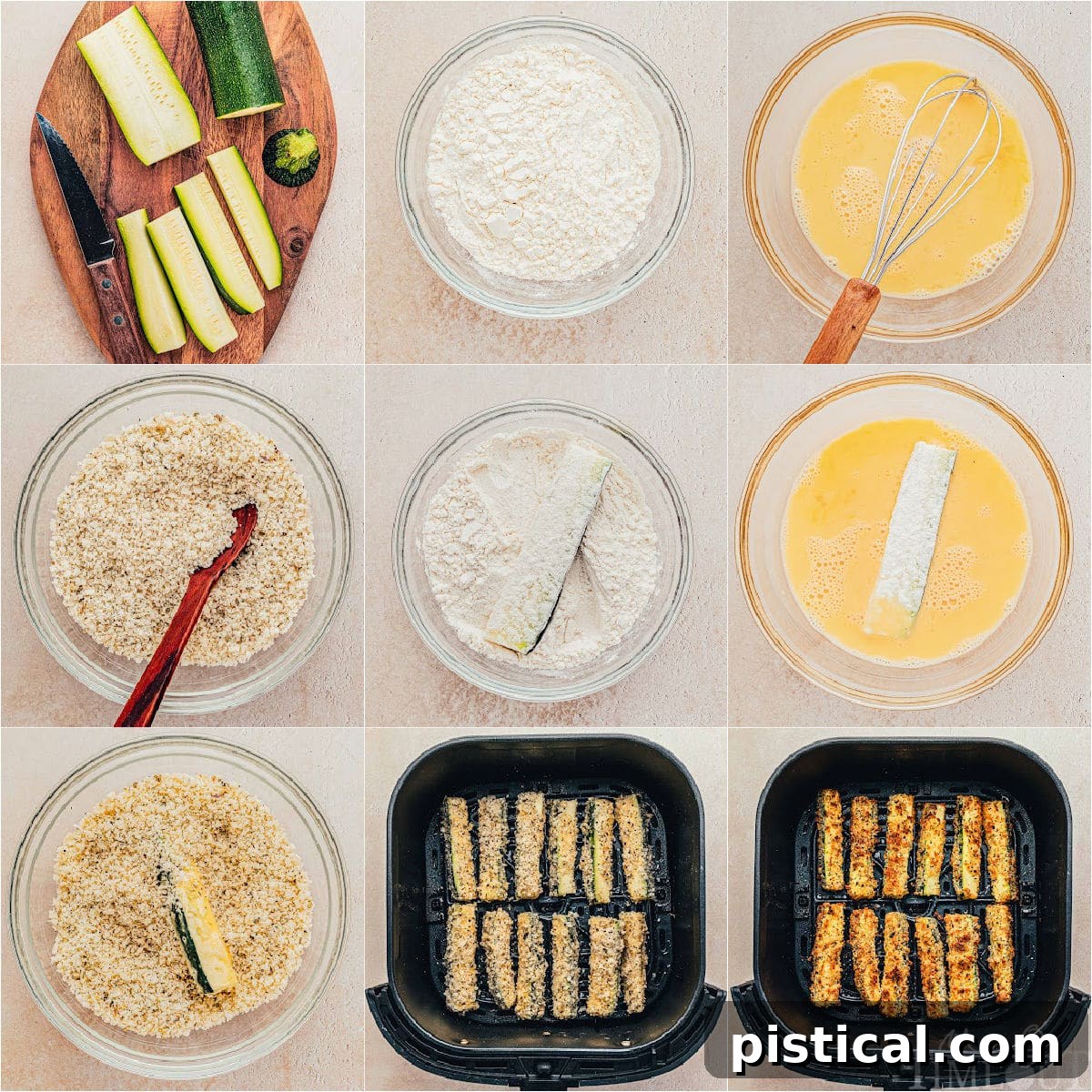 Nine image collage showing how to cook zucchini in air fryer step by step, from slicing zucchini to coating, air frying, and serving crispy fries.