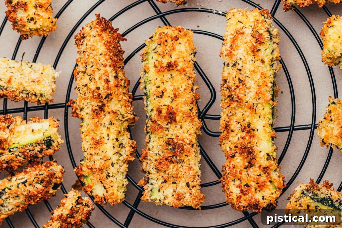 Air Fryer Zucchini Fries cooling on a black wire rack, showcasing their crisp texture and inviting golden color, allowing excess moisture to evaporate for ultimate crunch.